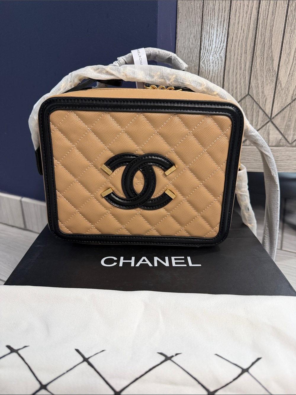 CHANEL Tan and Black Quilted Camera Box Crossbody Bag